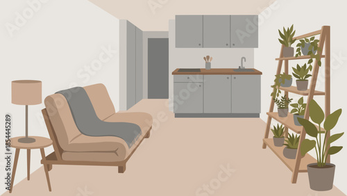 Modern living room sofa with side table and plants.