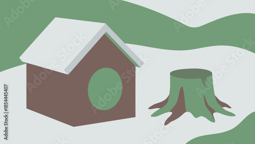 Dog House And Tree Stump Scene Minimal Illustration.
