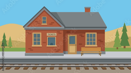 Wooden Train Station On Railroad Tracks.