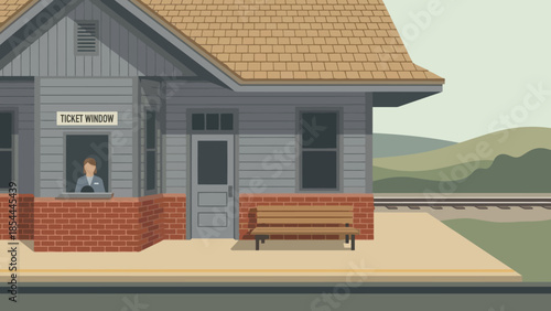 Rural Train Station Building with Platform Bench.