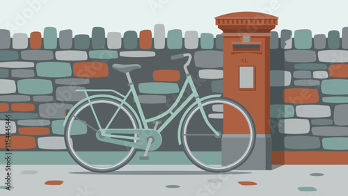 Simple Bicycle Resting Against Colorful Brick Wall.