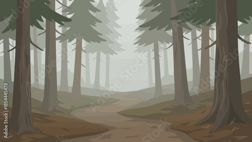 Misty Forest Path Through Tall Pines.