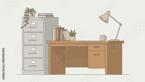 Wooden Office Desk With Lamp and Filing Cabinet.