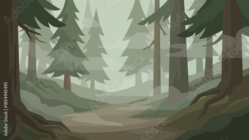 Dense Forest Path Through Tall Pine Trees.