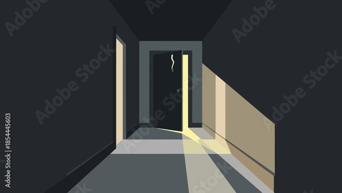 Empty hallway illuminated by warm sunlight.