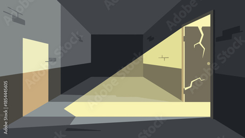 Long illuminated hallway leading to distant doorway.