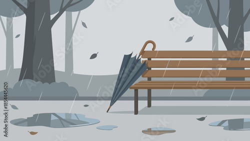 Umbrella resting on a park bench in rainy scene.