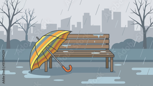Cozy Rainy Park Bench with Umbrella.