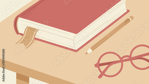 Close Up Of A Red Book With Bookmark On Table.