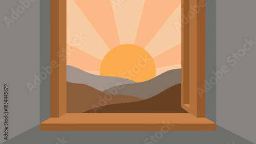 Sunset View Framed by Window Over Mountain Landscape.