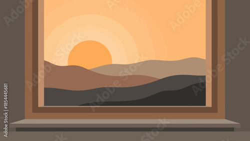 Wooden Window Frame With Sunset View.