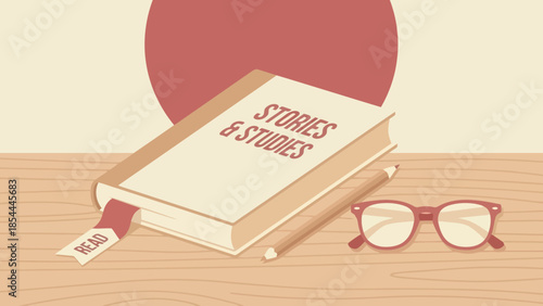 Open book with reading glasses on desk.