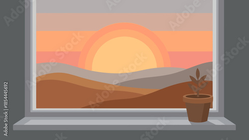 Desert Dunes Sunset Landscape Seen Through Window.