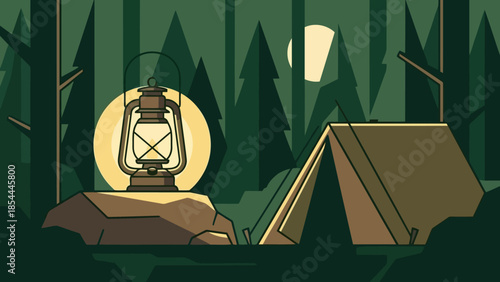 Lone camping lantern glowing in night forest.