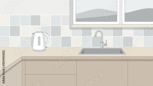 Modern kitchen sink with faucet and countertop.