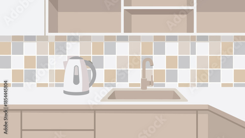 Electric kettle on kitchen counter under tiled backsplash.