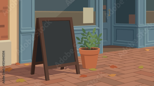 Chalkboard Sign On Brick Pavement By Cafe Entrance.