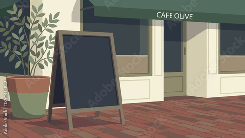 Chalkboard Sign Outside Calm Cafe Exterior.
