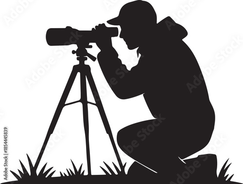 Flat silhouette of a birdwatcher adjusting a spotting scope on a tripod vector art illustration