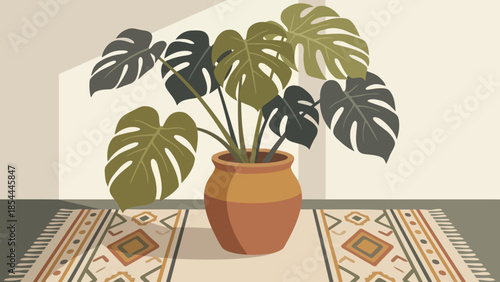 Monstera Plant in Clay Pot On Indoor Table Scene.