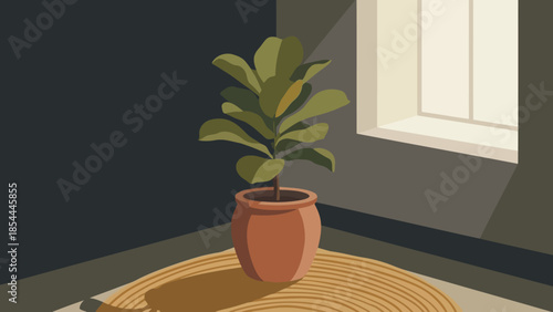 Indoor potted plant on round rug by window.