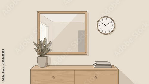 Minimalist Console Table with Mirror and Plant.