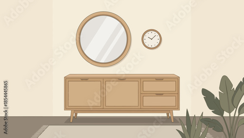 Mid Century Style Dresser with Round Mirror.