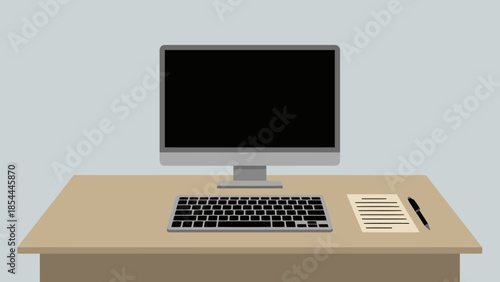 Desktop Computer on Desk with Keyboard and Paper.