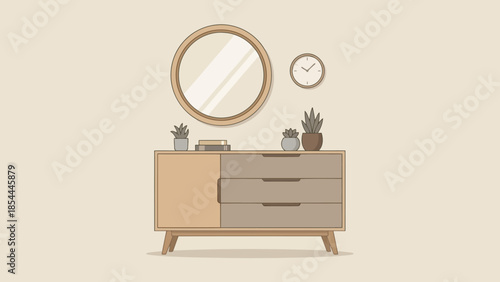Minimalist dresser with round mirror and decor on top.