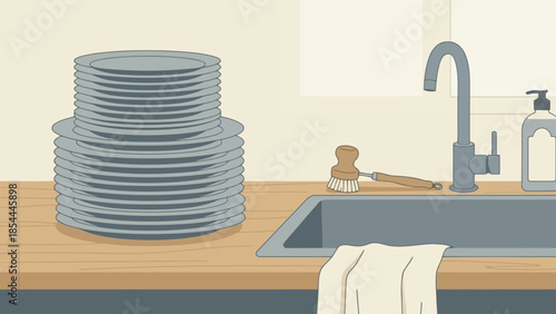 Stack of Plates on Kitchen Counter.