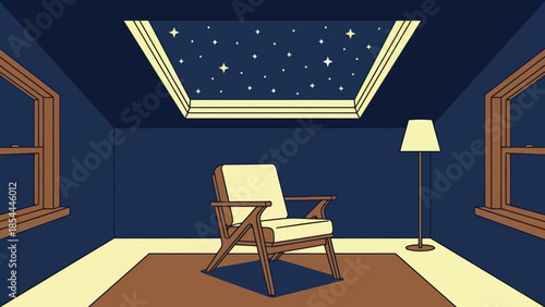 A solitary mid century style armchair in a minimalist living room.