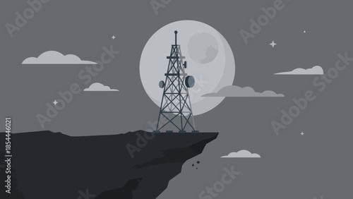 Communication Tower On Cliff Under Moonlit Sky.