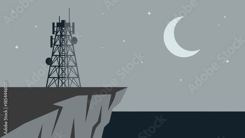Night time telecom tower on cliff edge silhouette.