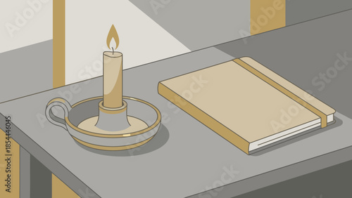 Lit Candle On Desk with Calm Focus.