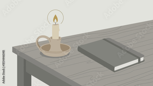 Lit Candle in Holder on a Desk.