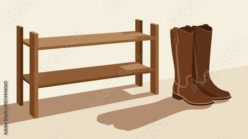 Leather Cowboy Boots Beside a Wooden Shelf.