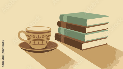 Coffee Cup Beside Stack Of Books On Table.