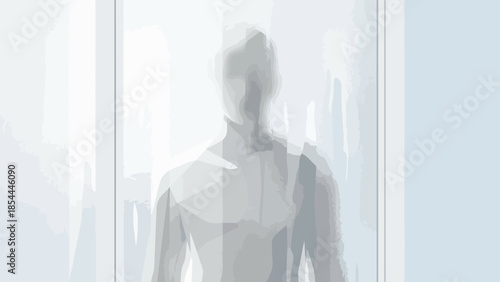 Mysterious silhouette of a person behind window glass.