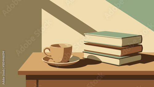 Stack of Books Beside a Coffee Cup on Desk.