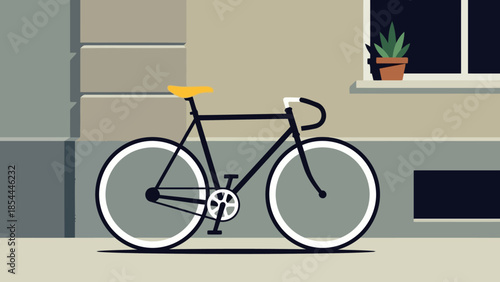 Black Bicycle With Yellow Seat Leaning Against Wall.