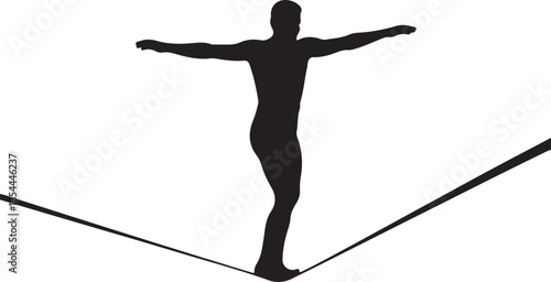 Flat silhouette of a person balancing on a slackline with arms extended vector art illustration
