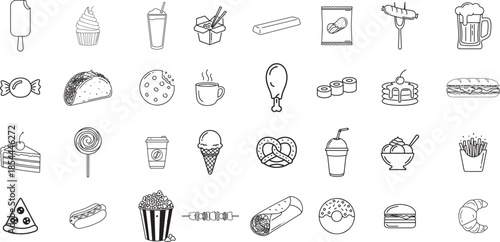 Collection of black and white line art icons representing various food and drink items vector
