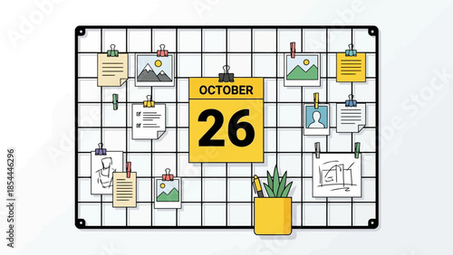 October calendar board with notes and pins.