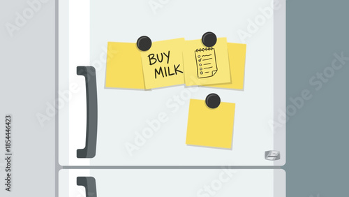 Refrigerator with Milk Note and Magnets on Door.