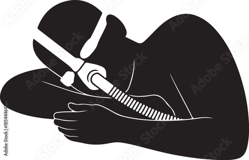 Flat silhouette of a person sleeping with a CPAP mask and hose vector art illustration