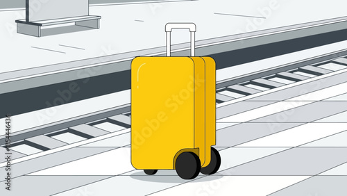 Bright yellow suitcase waiting on platform.