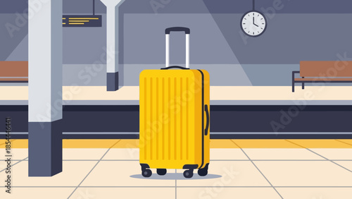 Bright Yellow Suitcase Standing on Train Platform.