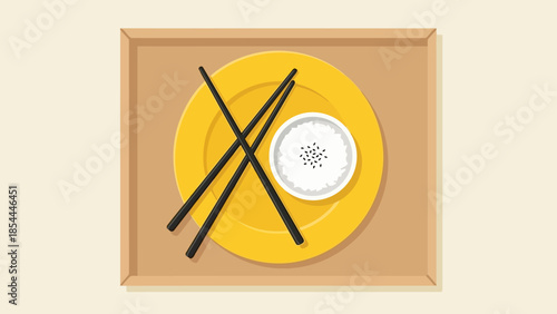 Chopsticks Resting Across Bright Yellow Plate.