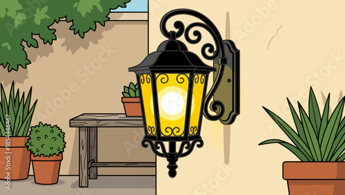 Ornate Outdoor Wall Lantern Illuminating Exterior Scene.