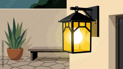 Decorative lantern illuminating an outdoor courtyard.